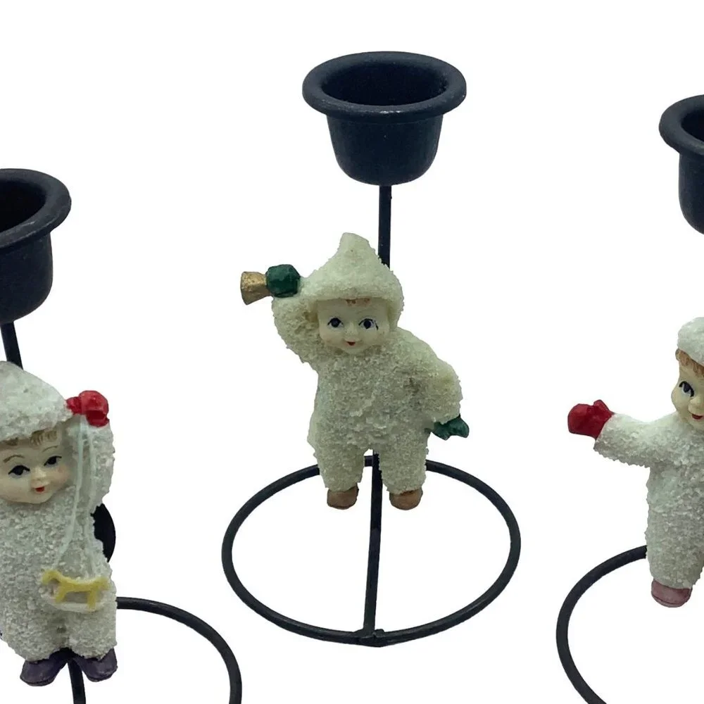 Vtg Crown‎ Greetings Ceramic Snowball Kids Candle Holder Lot of 4 Handmade 5